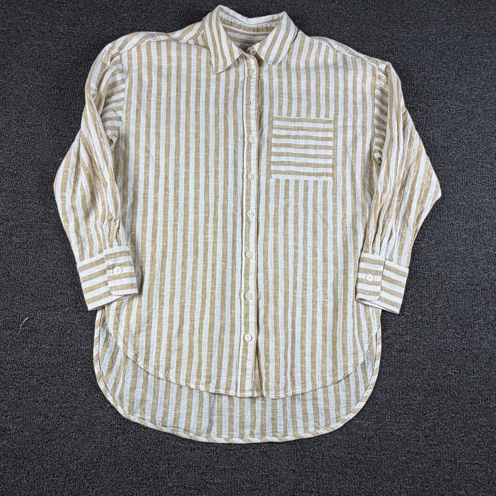 Maeve Linen Shirt Womens XS OB223827 Tan White Striped Button Down EUC